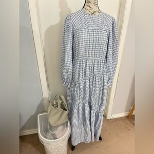 ASOS DESIGN gathered tiered maxi dress in a blue picnic check pattern